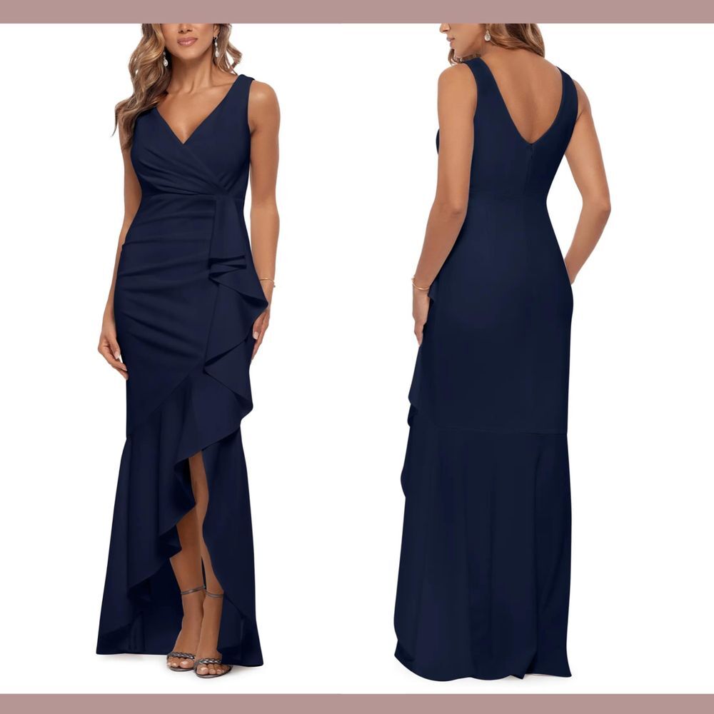 NWT $249 Betsy & Adam [ 2‎ ] V-Neck Cascade Ruffle High-Low Gown in Navy Blue